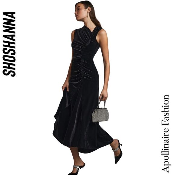 SHOSHANNA FOR ANTHROPOLOGIE RUCHED ASYMMETRICAL BLACK VELVET GOWN NWT SIZE 8 - Picture 6 of 9